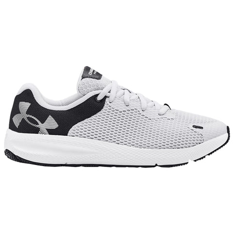 A white athletic shoe with a black textured side features a breathable mesh upper. It is designed for running or training in a neutral setting, highlighting its lightweight construction and sporty style.