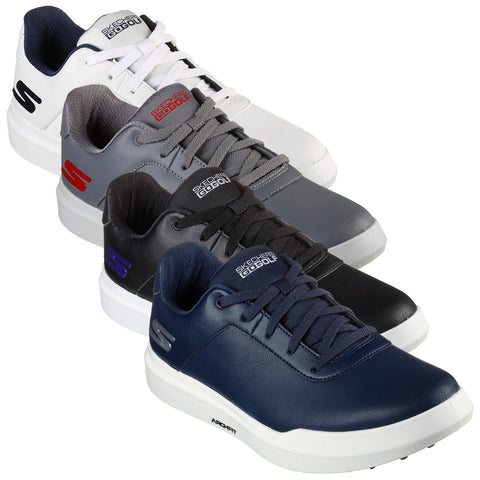 Four pairs of golf shoes are displayed in a row featuring different colors including white gray black and navy each with laces and branding on the side showcasing a sporty design