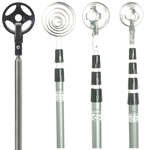 A set of four different metal probes with various heads including a circular coil and suction cup each attached to extendable poles used for measurement or detection in a technical environment.