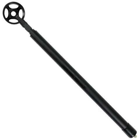 A long black pole with a circular handle attached at one end extends vertically the handle has three openings and is designed for gripping and maneuvering in various tasks