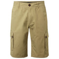 Cargo shorts are displayed hanging vertically with a button closure and side pockets set into the fabric showcasing a tan color in a neutral indoor setting