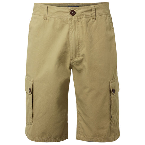 Cargo shorts are displayed hanging vertically with a button closure and side pockets set into the fabric showcasing a tan color in a neutral indoor setting