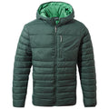 A green insulated jacket is displayed with a hood and visible zippers with a lighter green interior representing warmth and outdoor wear suitable for cooler weather