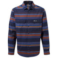 A long-sleeve button-up shirt features horizontal stripes in blue orange and brown colors with two chest pockets and a small logo on the left side. It is displayed against a plain background.