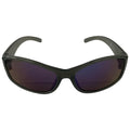 A pair of dark sunglasses displays a sleek design with a wide frame and gradient lenses, resting on a plain background likely intended for display or sale.