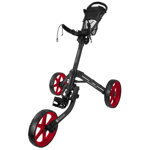 A black golf push cart features large red wheels and a handle for steering It is designed for transporting golf bags while on the course in a stable and efficient manner