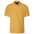 A yellow polo shirt with a collar and a placket featuring three buttons is displayed against a plain white background. The shirt has a small emblem on the chest and contrasting stripes on the collar.