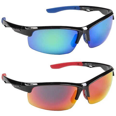 Two pairs of sports sunglasses are displayed with different colored lenses The top pair features blue and green reflective lenses while the bottom pair has orange and red reflective lenses against a plain background