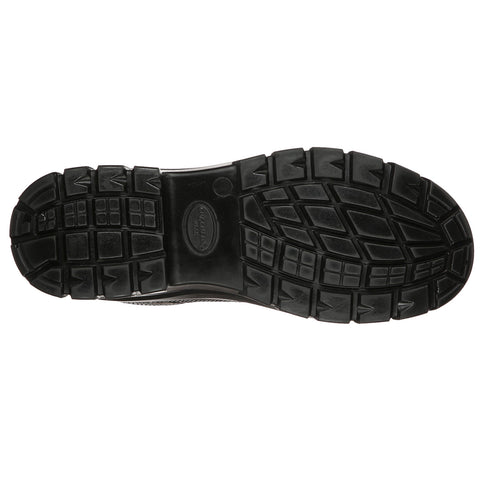 A black rubber shoe sole is displayed showing a textured pattern for traction designed for grip and durability typically used in outdoor or athletic environments