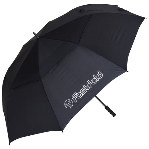 A black umbrella with a branded logo is open and positioned upright suggesting protection from rain or sun in an outdoor setting