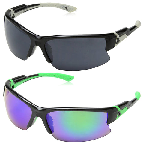 Two pairs of sunglasses are displayed with one pair featuring dark lenses and a light gray accent while the other has reflective lenses with a green accent frame