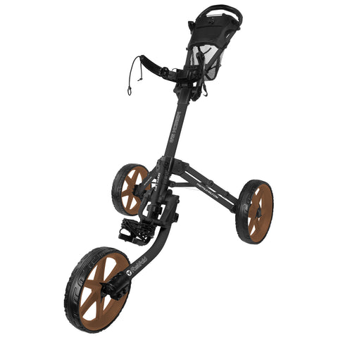 A golf push cart features three wheels with a sturdy frame and a handle for steering located at the top designed for transporting golf clubs and accessories on the course.