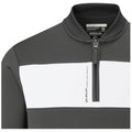 A pullover garment features a quarter zip collar and a contrasting white stripe across the chest set against a gray background with branding on the side indicating performance technology.