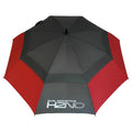 A large umbrella features alternating sections of red and gray fabric with the text SUN MOUNTAIN H2NO displayed in white on one panel providing shade in outdoor settings.