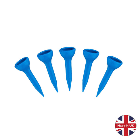 Five blue golf tees are arranged in a row with pointed ends downward and round tops facing up in a simple background featuring a label indicating Made in UK and a British flag.