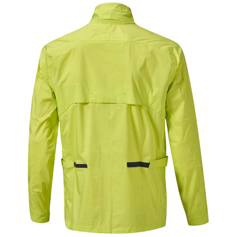 A bright yellow jacket is displayed, featuring a high collar and long sleeves. The back has a stylish design with pockets, intended for outdoor activities in various weather conditions.