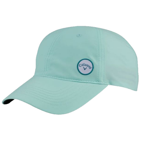 A light blue cap with a curved brim features a circular logo on the front. It is designed for outdoor activity, likely for golf or sports, and appears to be made of breathable material.