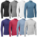 Nine long-sleeved shirts are displayed in various colors including black gray white teal purple red and light blue arranged in two rows against a neutral background.