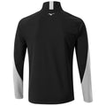 A black long-sleeve sports jacket with gray sleeves sits flat against a neutral background showcasing its collar and contrasting color sections designed for athletic wear.