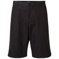 Black shorts are displayed front-facing showcasing a simple design with a button closure and side pockets in a neutral setting without additional context or features surrounding them.