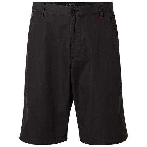 Black shorts are displayed front-facing showcasing a simple design with a button closure and side pockets in a neutral setting without additional context or features surrounding them.