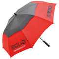 A red and gray waterproof umbrella stands open designed to provide protection from rain or sun with the brand name and the word waterproof displayed prominently on its fabric.