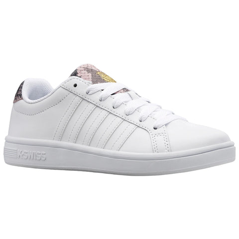 A white sneaker with a textured pink and gray patterned heel displays three stripes on the side and features lace-up design set against a plain background.