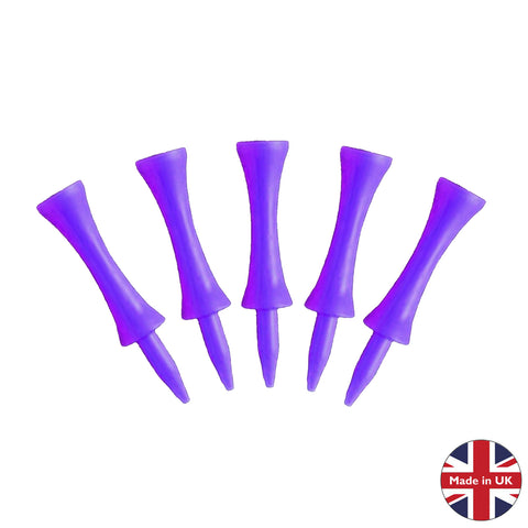 Five purple golf tees are arranged upright with pointed ends facing down in a simple layout showcasing their slender and tapered design against a plain background.