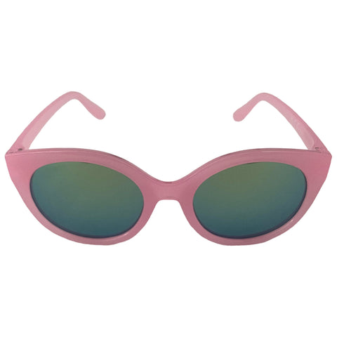 Pink sunglasses with large, rounded frames feature green-tinted lenses positioned centrally, designed for sun protection. They are isolated against a plain white background, emphasizing their shape and color.