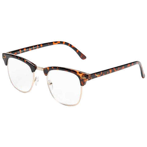 Square-framed glasses with a tortoiseshell pattern rest upright with clear lenses reflecting light in a neutral setting showcasing their design and potential use as eyewear.