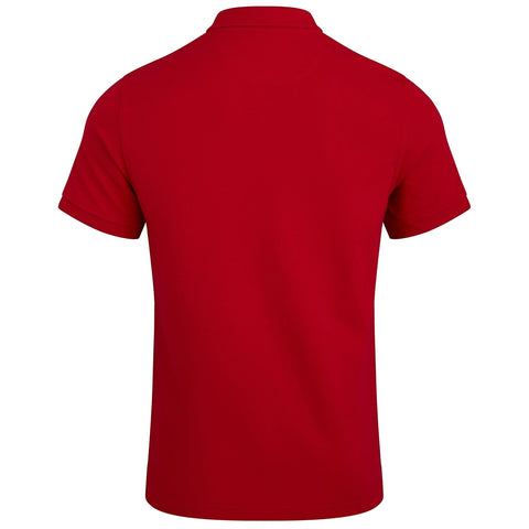 A red short-sleeve polo shirt hangs on a plain background displaying a smooth texture and a classic collar without any visible logos or patterns