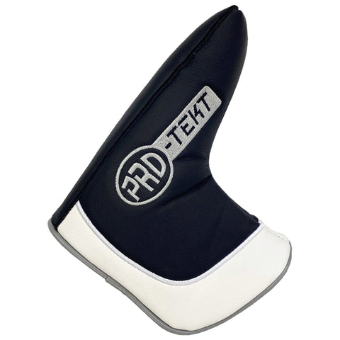 A black and white golf club headcover is upright with a rounded top and a white bottom edge displaying the brand name PRD-TEXT in grey stitching on the side.