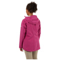 A person wearing a bright pink rain jacket stands with their back facing the viewer in a plain white background, highlighting the jacket's color and design.