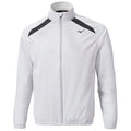 A white athletic jacket is displayed featuring black accents and a zipper up the front with a high collar set against a plain background.