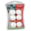 Six white golf balls are packaged together in a clear plastic display. The packaging features titles about distance simulation and practice, set against a colorful background.