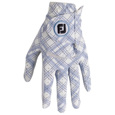 A golf glove is displayed featuring a light blue and white plaid pattern with a circular logo near the wrist area showcasing brand identification in a clean white background.