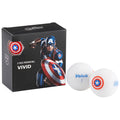 A black box featuring Captain America is displayed alongside two white ping pong balls labeled Volvik 1 with a Captain America shield design showcasing superhero branding in a playful context.