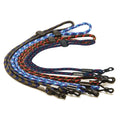 A collection of colorful braided cords lies on a flat surface with clips at the ends for attachment showcasing a variety of patterns and colors in the design.