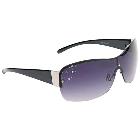 Sunglasses are displayed prominently featuring large gradient lenses that transition from dark at the top to lighter at the bottom with decorative elements on the frame and sleek black arms