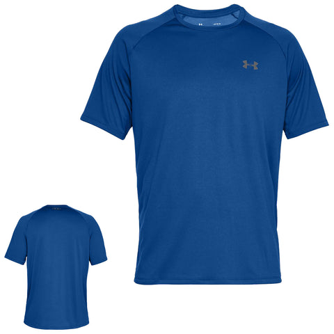 A blue short-sleeved athletic shirt displays a small logo on the chest and is shown from the front and back, set against a plain white background.