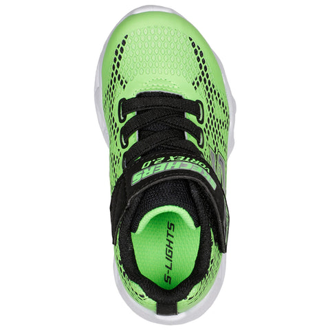 A vibrant green athletic shoe features a breathable mesh design with black accents and laces. It is styled for sports, emphasizing comfort and support.