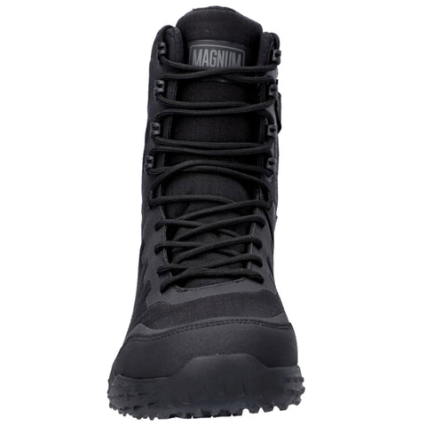 A black tactical boot stands upright with laces tightly secured. The boot features a rugged sole suitable for various terrains, set against a neutral background.