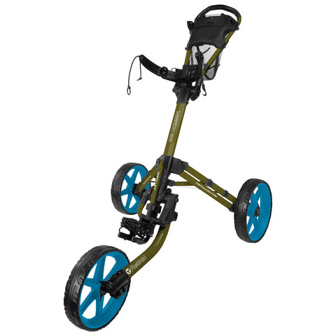 A golf push cart stands upright with three wheels. It holds golf clubs and gear, designed for outdoor use on a golf course, featuring an olive green frame and blue wheels.