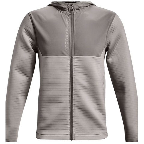 A gray zip-up hoodie features a hood and textured stripes across the body with the logo "UNDER ARMOUR" displayed vertically on the front side.