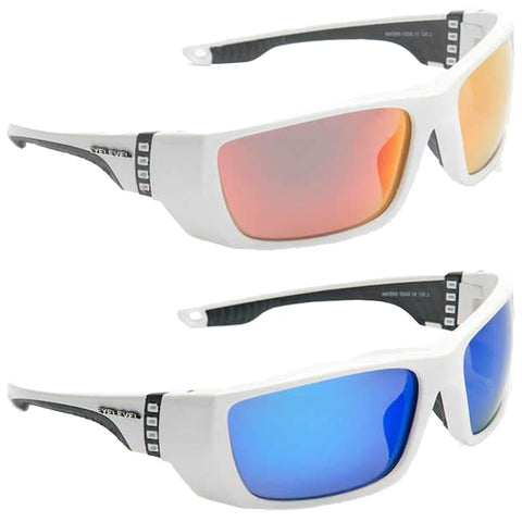 Two pairs of stylish sunglasses are displayed with white frames and colorful lenses one with a reflective orange tint and the other with a blue tint against a neutral background.