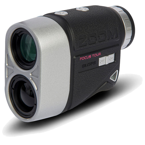 A compact rangefinder features dual lenses for distance measurement and is designed for outdoor use. It has buttons for slope mode on and off, suitable for golfing or surveying.