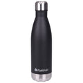 A black stainless steel water bottle stands upright with a silver cap reflecting light it features a cylindrical shape and has a logo near the bottom indicating the brand Fastfold