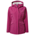 A bright pink jacket with a hood is displayed prominently showcasing zippers and pockets designed for outdoor use with a sleek and functional style ideal for various weather conditions.