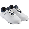 White athletic shoes with a smooth leather surface laced with white shoelaces feature a dark navy collar and textured white sole designed for comfort and performance in sports activities