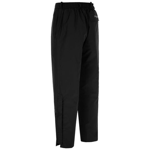 Black pants are displayed standing upright showcasing a sleek design with side pockets and elastic waistband suitable for casual or outdoor wear against a plain white background.